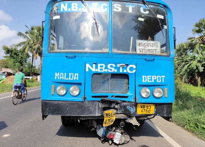 Blue bus featuring 'NBSC' for Charleston motorcycle accident attorney services.