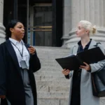 Two professional women in business attire engaged in a conversation on steps. Image may relate to a Riverside slip and fall lawyer.