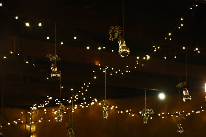 LED bulbs illuminate a room with hanging lights and vases.