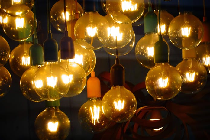 Stylish LED light bulbs suspended on a string, ideal for modern and eco-friendly lighting.